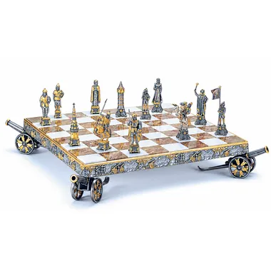 Napoleon and Tsar Dimitri set on onyx chess board mounted on gilded wheels