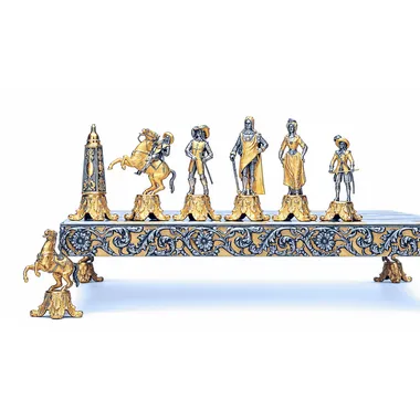 "Louis XIV the Sun King II" Set Chess Board and Chess Set in Bronze, Onyx and 24 Carat Gold