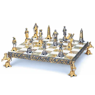 "Louis XIV the Sun King II" Set Chess Board and Chess Set in Bronze, Onyx and 24 Carat Gold