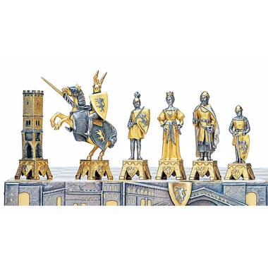 "Medieval Venice" Set Square Chess Table and Chess Set in Bronze, Onyx and 24 Carat Gold