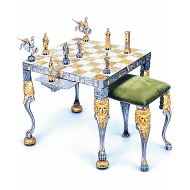 "Medieval Venice" Set Square Chess Table and Chess Set in Bronze, Onyx and 24 Carat Gold