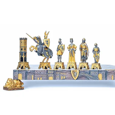 "Medieval Venice" Set Chess Board and Chess Set in Bronze, Onyx and 24 Carat Gold