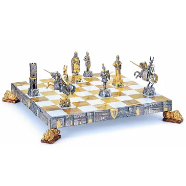"Medieval Venice" Set Chess Board and Chess Set in Bronze, Onyx and 24 Carat Gold