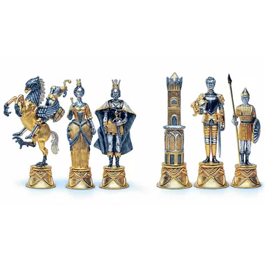 XL Set "Charlemagne King of the Carolingians vs Moors of Spain" Rectangular Chess Table and Chess Set in Bronze, Onyx and 24 Carat Gold