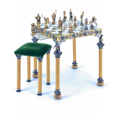 Square chess table with Battle of Actium chess set and velvet stool