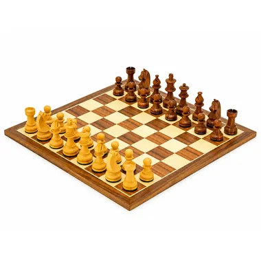 Complete Knight Academy chess set, walnut and maple board with rosewood pieces