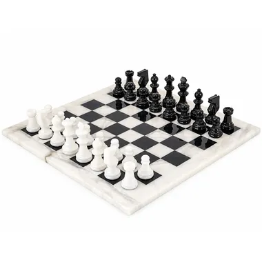 Complete marble chess set in white and black, pieces in starting position