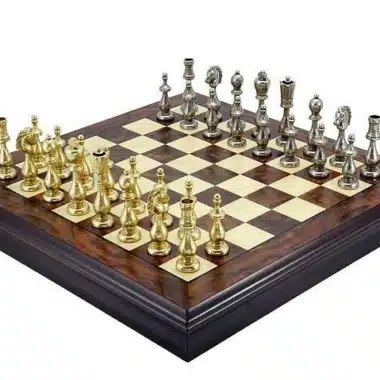 Oriental Chess Set in Walnut and Maple Wood with Storage Compartment & Brass Chess Pieces