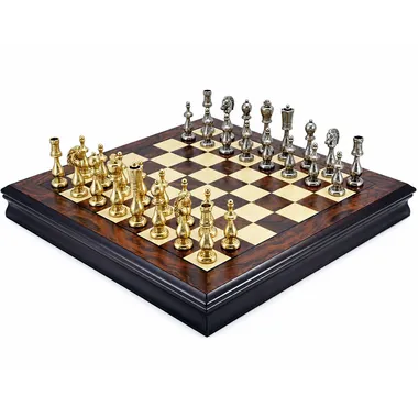 Complete chess set with walnut wood chessboard and gold and silver pieces