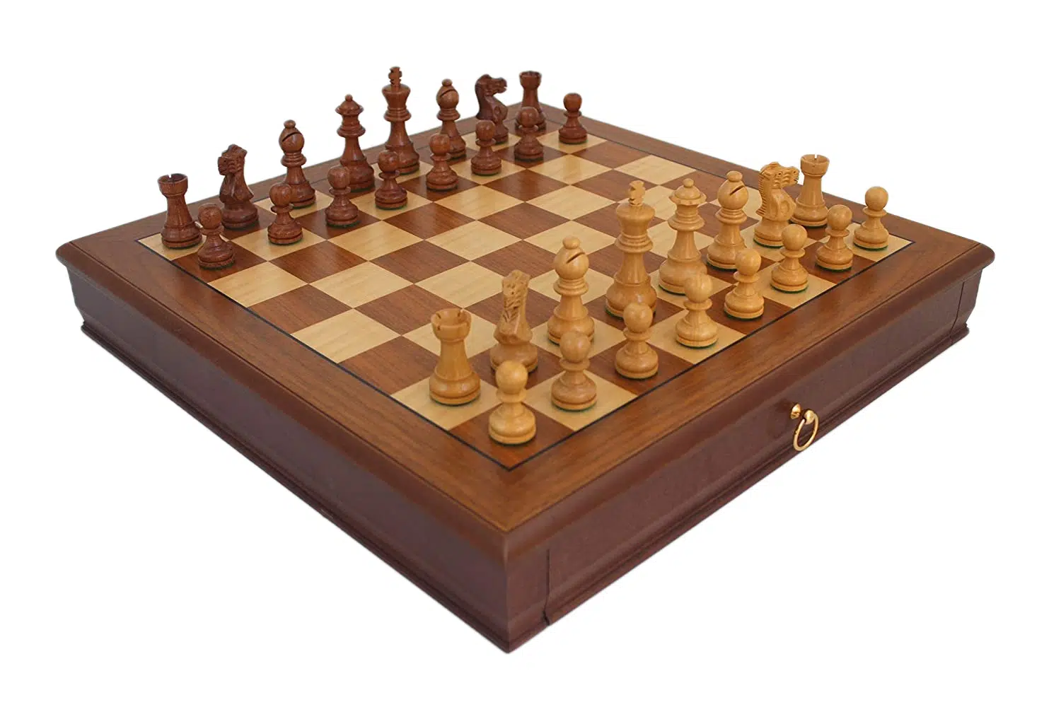 "Tilleul Small" Set - Walnut Wood Chess Board with Storage Drawer & Wooden Staunton Chess Set
