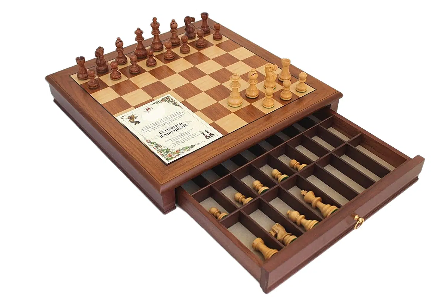 "Tilleul Small" Set - Walnut Wood Chess Board with Storage Drawer & Wooden Staunton Chess Set - Image 2