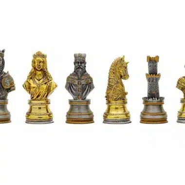Pewter Chess Set with Gold and Silver Plating, Medieval Busts