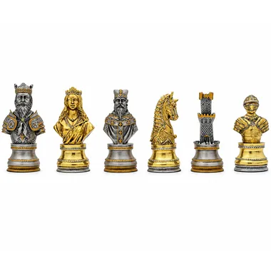 Chess pieces with medieval busts, gold and silver finishes lined up