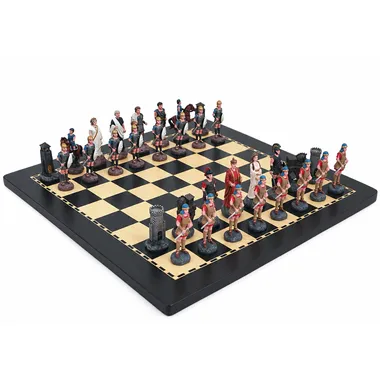 Battle of Troy chess set in pewter on wooden chessboard, overall view