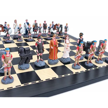 Battle of Troy chess pieces in pewter, detail of king, queen and Trojan horse