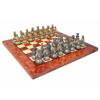 Complete chess set on elm and briar wood board, gold and silver pieces