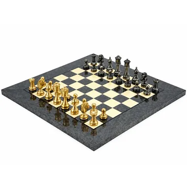 Complete Perse II chess set, gold and silver pieces on maple chess board