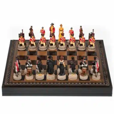Battle of Waterloo III Set – Faux Leather Chess Board with Storage & Hand-Painted Resin Chess Set