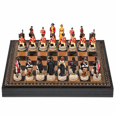 Complete Battle of Waterloo III chess set, faux leather board and painted pieces, full view