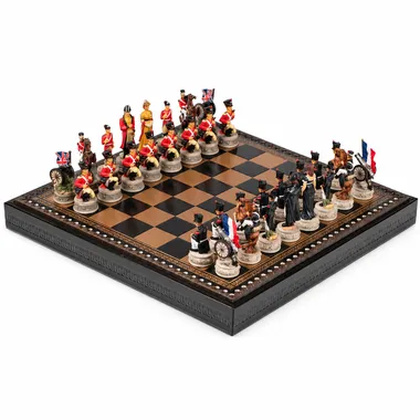 Battle of Waterloo III chess set, English and French pieces facing off on the board