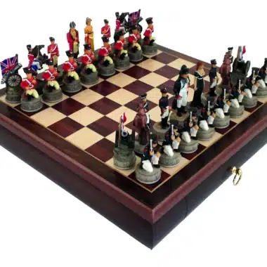 Battle of Waterloo II Set – Rosewood Chess Board with Storage Drawer & Hand-Painted Resin Chess Set