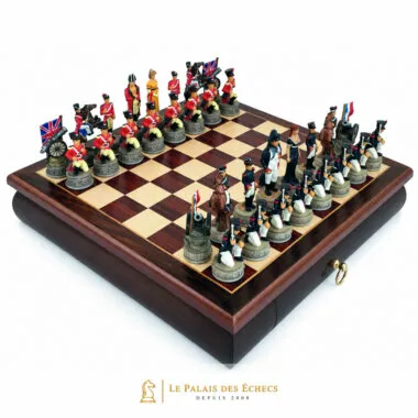 Battle of Waterloo II chess set displayed on rosewood board with drawer