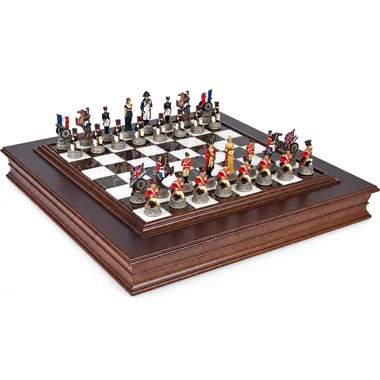 Complete Battle of Waterloo chess set, painted pieces on wood and marble board