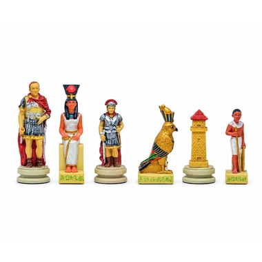 Painted chess pieces depicting Romans and Egyptians side by side