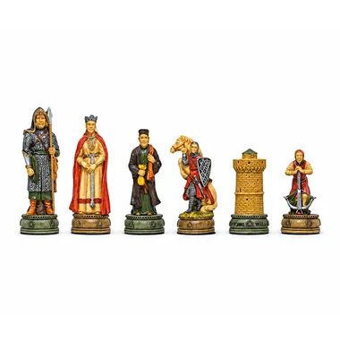 Camelot resin chess set, pieces from one side lined up together