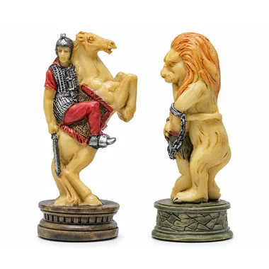 Gladiators pieces: Roman knight on horseback and chained lion, close-up detail