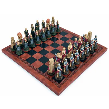 Gladiators chess set on faux leather board, overview of hand-painted pieces