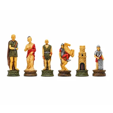 Romans vs Gladiators chess pieces, aligned view of the six painted figures