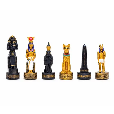Egyptian chess pieces in gold and black lined up on a white background