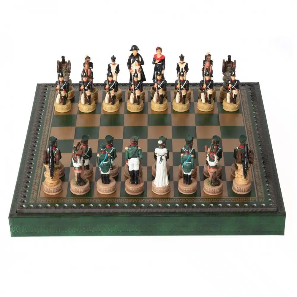 Napoleon Russian Campaign IV Chess Set in Resin with Green Faux Leather Chess Board