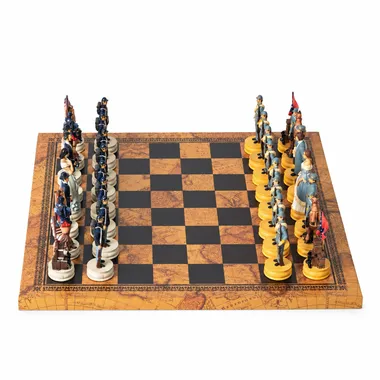 Faux leather world map chess board with Civil War pieces facing off