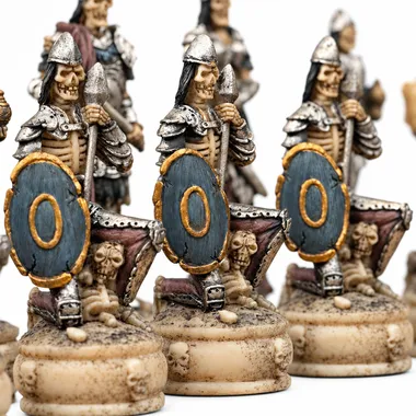 Skeleton pawns with blue shields marked with a gold zero