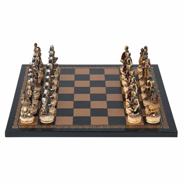 Complete undead chess set facing off on a black and bronze chessboard