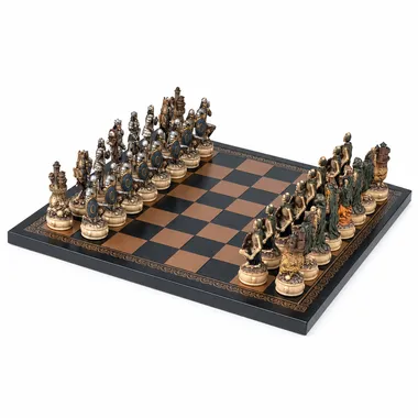 Angled view of the undead chess set on its black chessboard