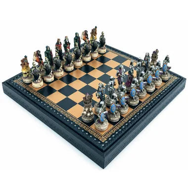 Mort-Vivant II chess set on black faux-leather board with storage