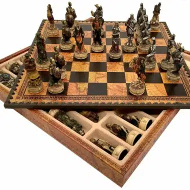 Undead III Set - Old World Faux Leather Chess Board with Storage and Hand-Painted Resin Chess Set