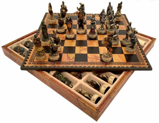 Undead Set III Antique World Map Faux-Leather Chess Board With Storage and Hand-Painted Resin Chess Set