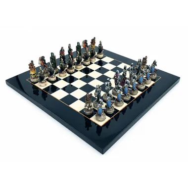 Complete Mort-Vivant IV chess set arranged on a black and white board