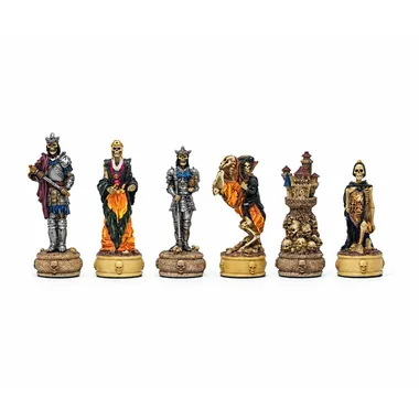Zombie resin chess set, six detailed pieces lined up on a white background