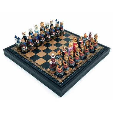 Complete chess set with dogs and cats, faux leather board and resin pieces