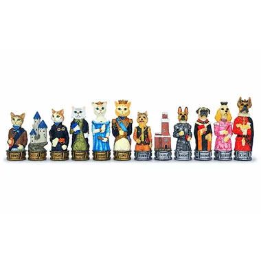 Row of painted chess pieces featuring cats and dogs, front view