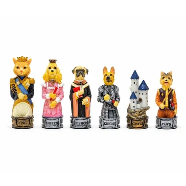Dogs versus cats chess pieces, king, queen, bishop, knight, rook and pawn lined up