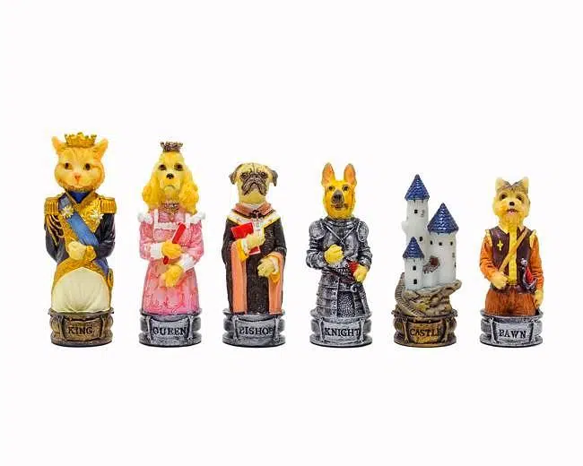 Ensemble "Chiens et Chats " Echiquier en Bois de Rose avec Tiroir de Rangement & Jeu d'Echecs en Résine Peint à la Main