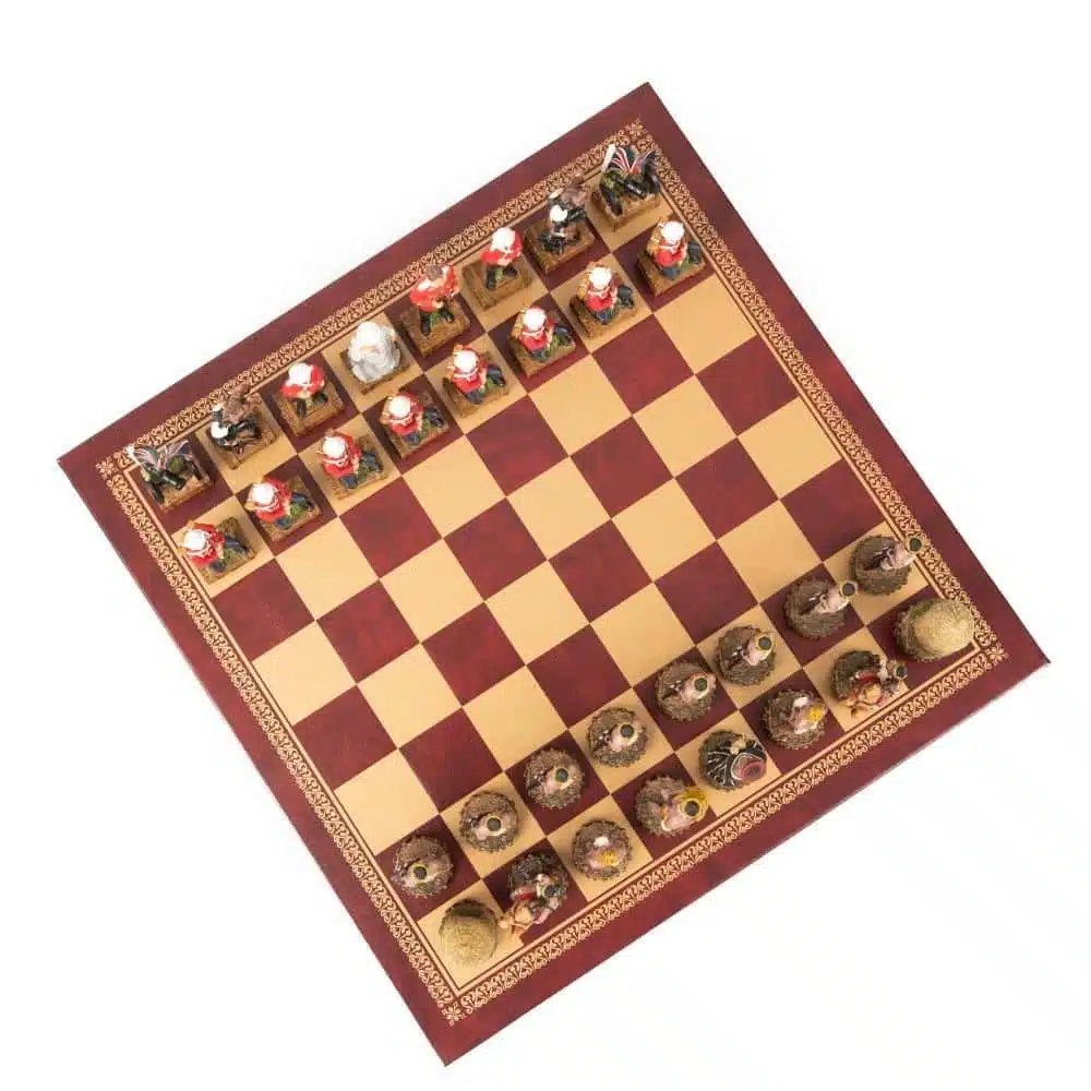 Anglo-Zulu War Set Red Faux Leather Chess Board and Hand-Painted Resin Chess Set - Image 2