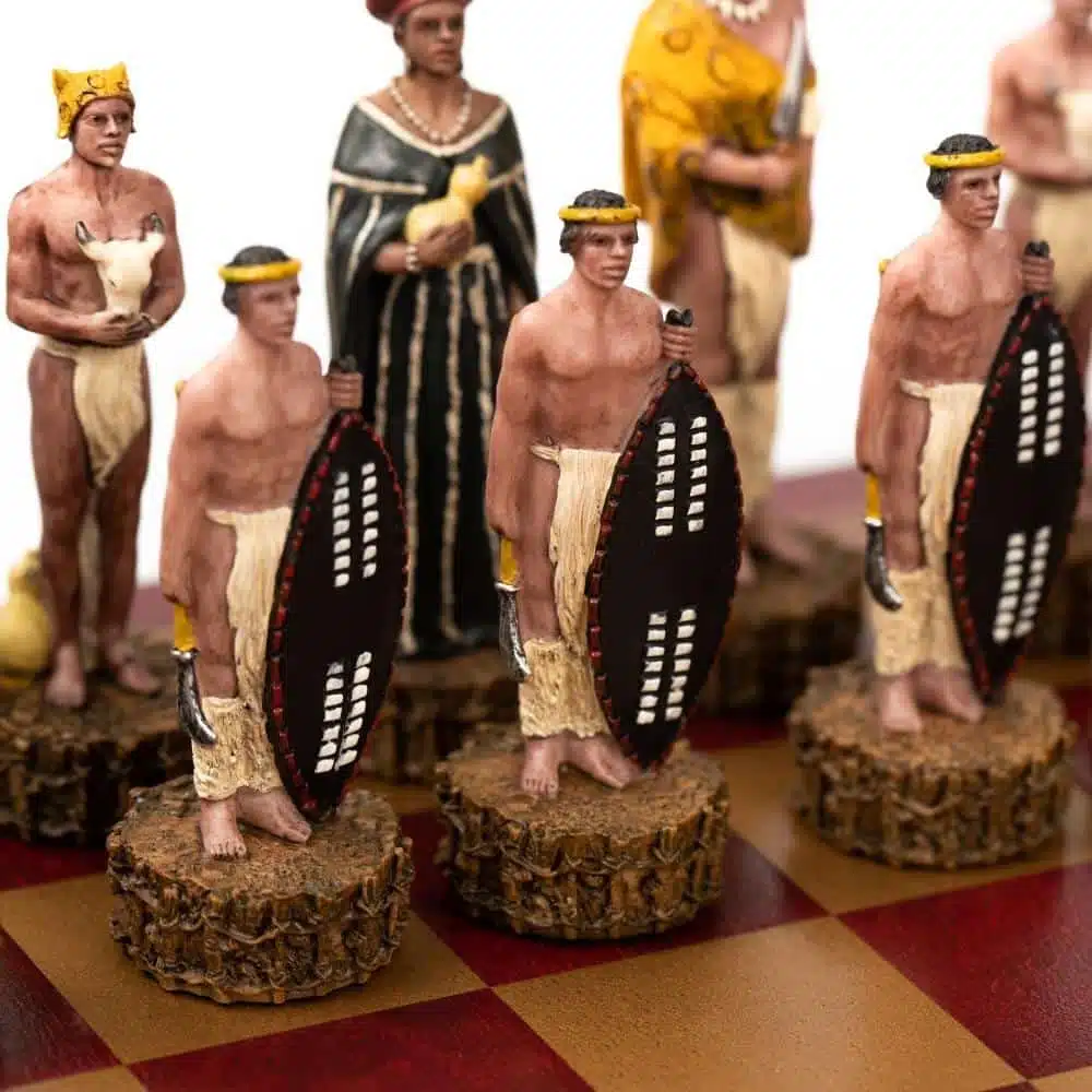 Anglo-Zulu War Set Red Faux Leather Chess Board and Hand-Painted Resin Chess Set - Image 4