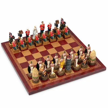 Complete Anglo-Zulu War chess set on red faux-leather board, full view